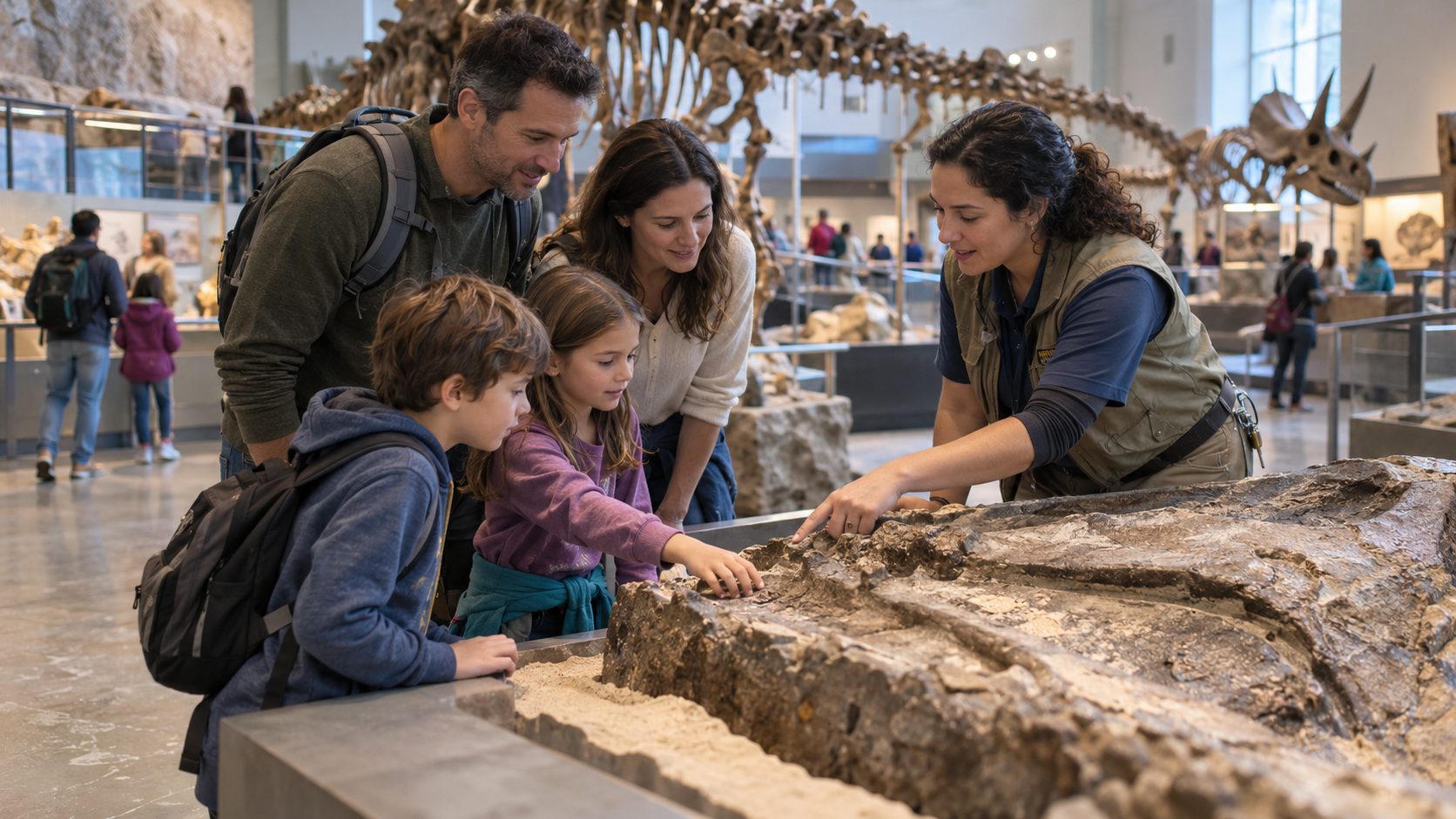 A family with a guide at a museum exhibit