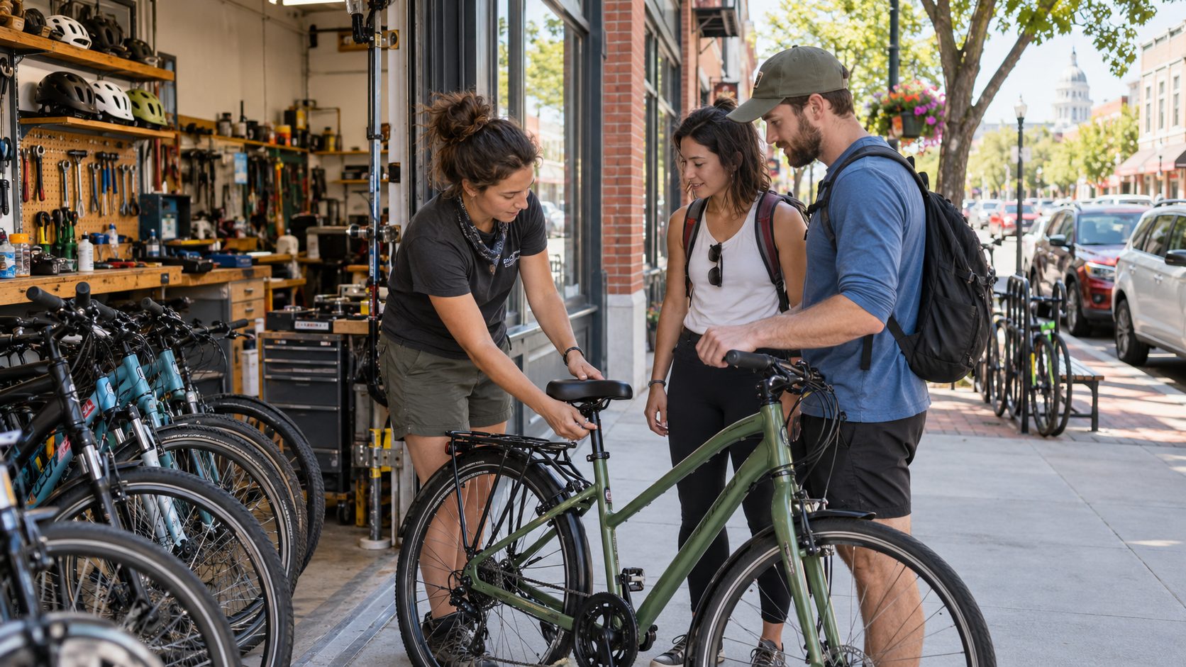 Guests picking up bikes at a rental shop